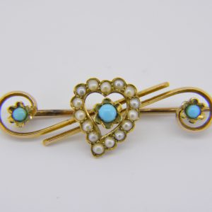 Turquoise seed-pearl heart bar brooch