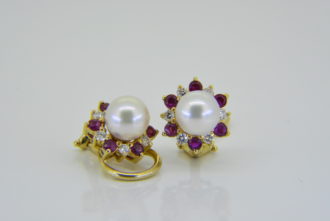 cultured pearl ruby diamond ear clips