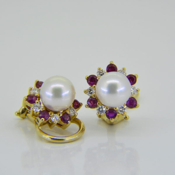 cultured pearl ruby diamond ear clips