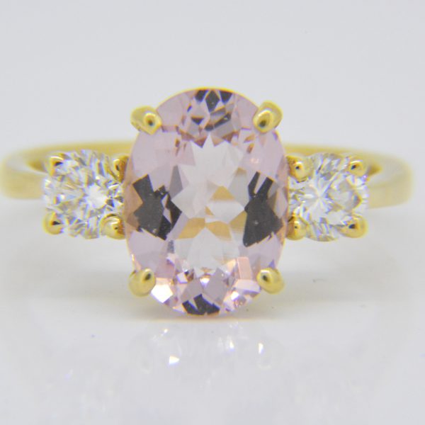 Morganite and diamond three-stone ring handmade by Jethro