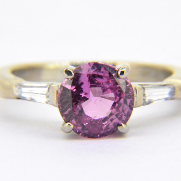 Pink sapphire and baguette diamond ring with Jethro Marles