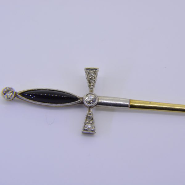 Art deco onyx diamond sword jabot pin