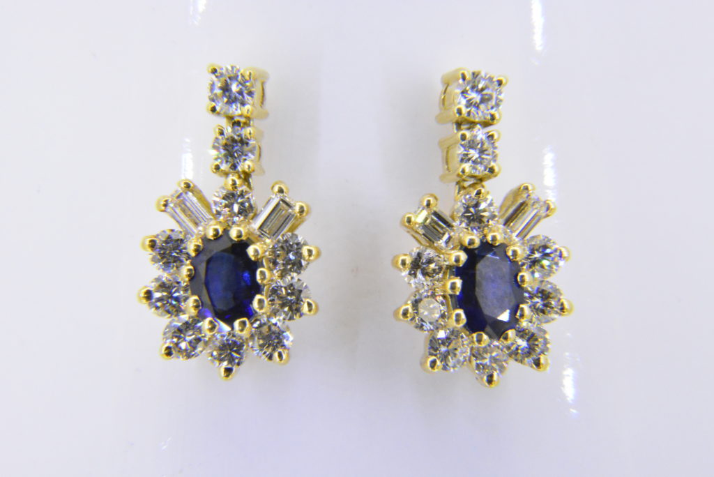 Sapphire diamond oval cluster drop earrings - Jethro Marles