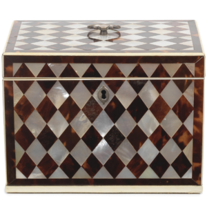 Tortoiseshell and mother of pearl harlequin checkerboard tea caddy at Jethro Marles