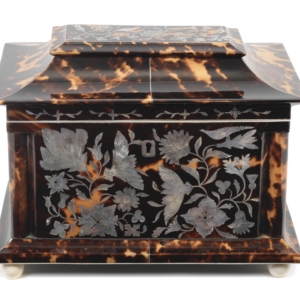 Tortoiseshell and mother of pearl inlaid tea caddy at Jethro Marles