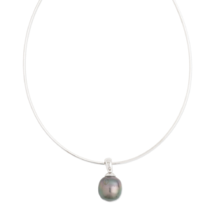 Black cultured pearl and diamond pendant on necklace