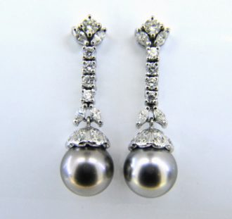 Dark grey cultured pearl and diamond drop earrings