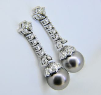 Dark grey cultured pearl and diamond drop earrings