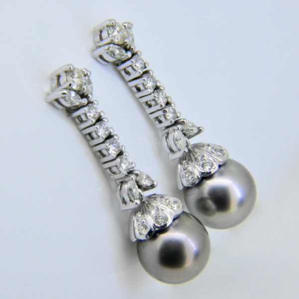 Dark grey cultured pearl and diamond drop earrings