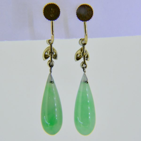 Pair of jade, diamond and seed pearl drop earrings c.1930