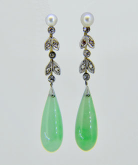 Pair of jade, diamond and seed pearl drop earrings c.1930