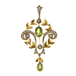 9ct gold, peridot seed pearl pendant